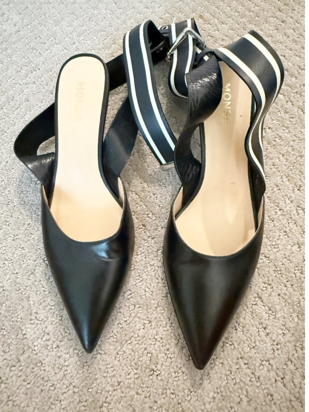 Monse Smooth Leather Pumps Black White Ankle Strap Pointed Toe 8.5